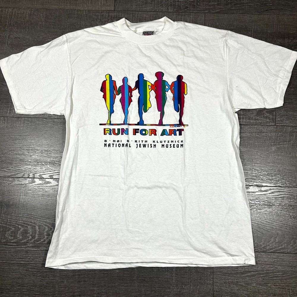 VTG 90s Oneita Run For The Arts T-Shirt Men XL White Jewish Museum Single Stitch
